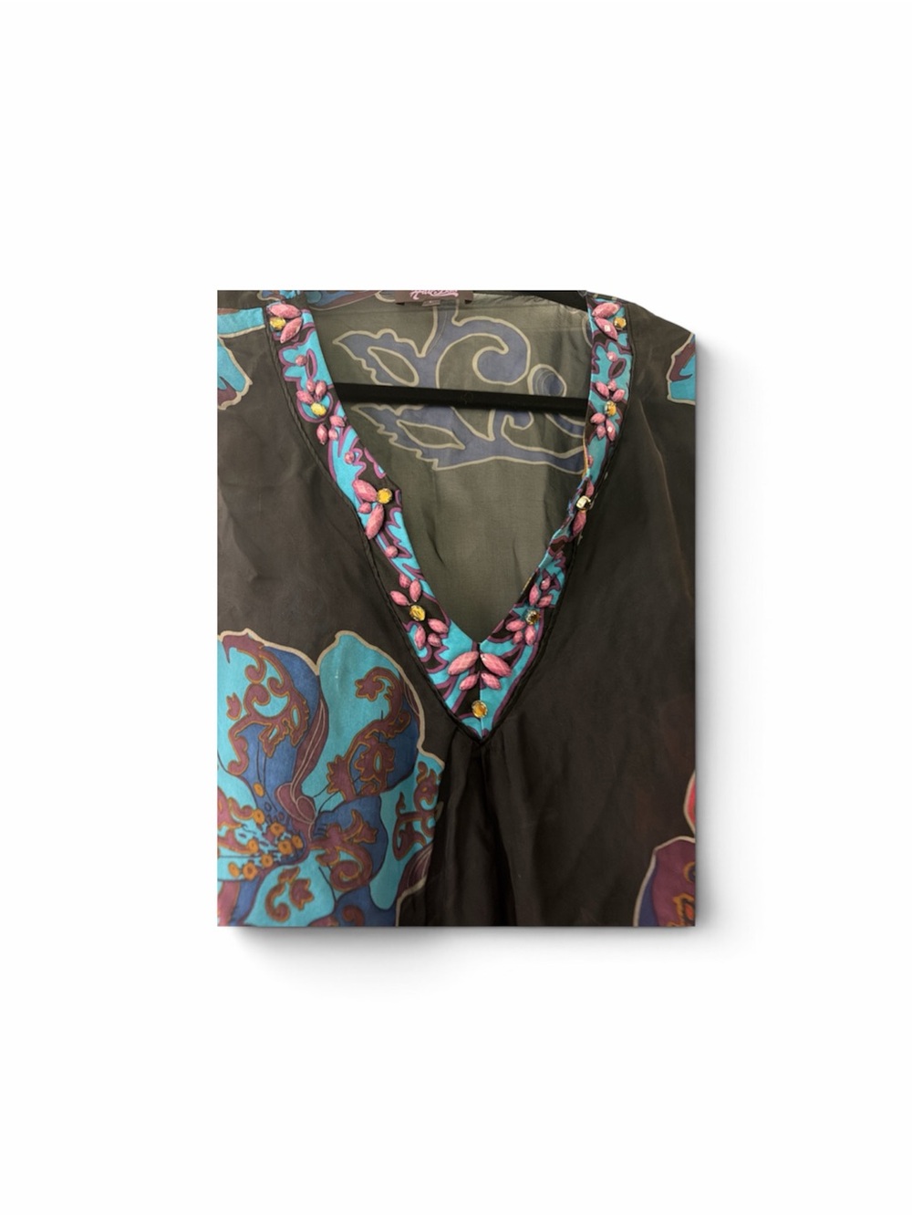 Hale Bob Beaded V-Neck Floral Print Flowy Shirt in Black and Teal print